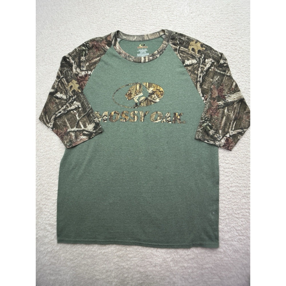 Mossy Oak Mens T Shirt Large Green Camouflage Crew Neck 3/4 Sleeve Raglan Tee L